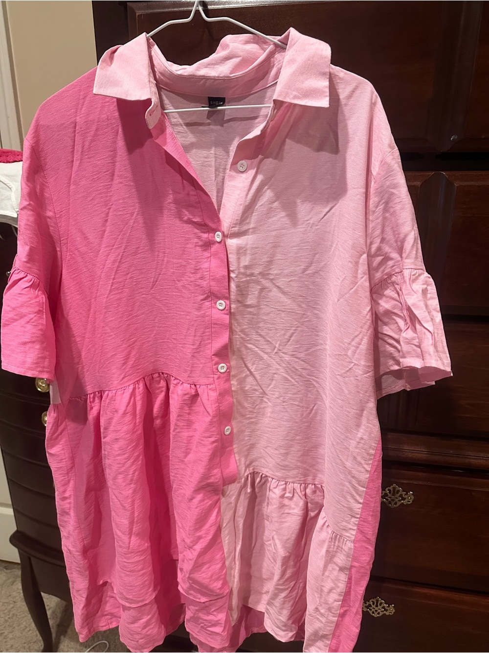 Two-Tone Pink Button Front Tiered Shirt Dress